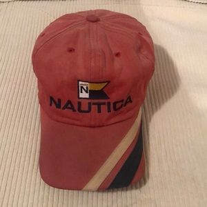 Vintage Nautica brand soft cotton red baseball cap. Well worn look. Adjustable.